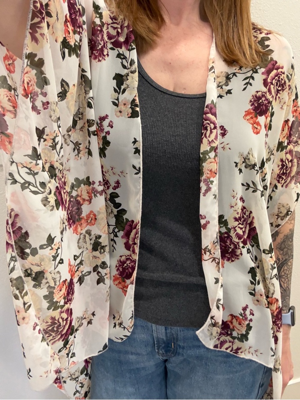 Sheer Floral Kimono Cardigan Boho Open Front Duster Lightweight Oversized